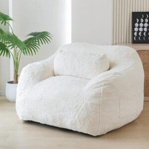 MAXYOYO Giant Bean Bag Chair with Pillow,Fuzzy Fabric Fluffy and Comfy Bean Bag Sofa Large Bean Bag Chair Adult Size with Filler for Reading, Gaming，Beige