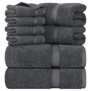 Utopia Towels 8-Piece Premium Towel Set, 2 Bath Towels, 2 Hand Towels, and 4 Wash Cloths, 600 GSM 100% Ring Spun Cotton Highly Absorbent Towels for Bathroom, Gym, Hotel, and Spa (Grey)